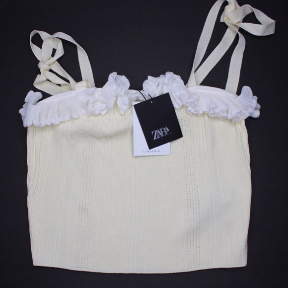 Zara NWT Ruffled Tie Cropped Top Small Ecru White - Picture 4 of 9